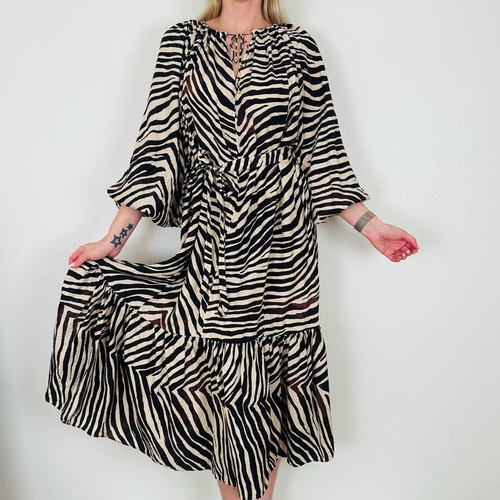 Banana Republic Zebra Animal Print 100% Silk Voluminous Lightweight Midi Dress - Picture 8 of 15